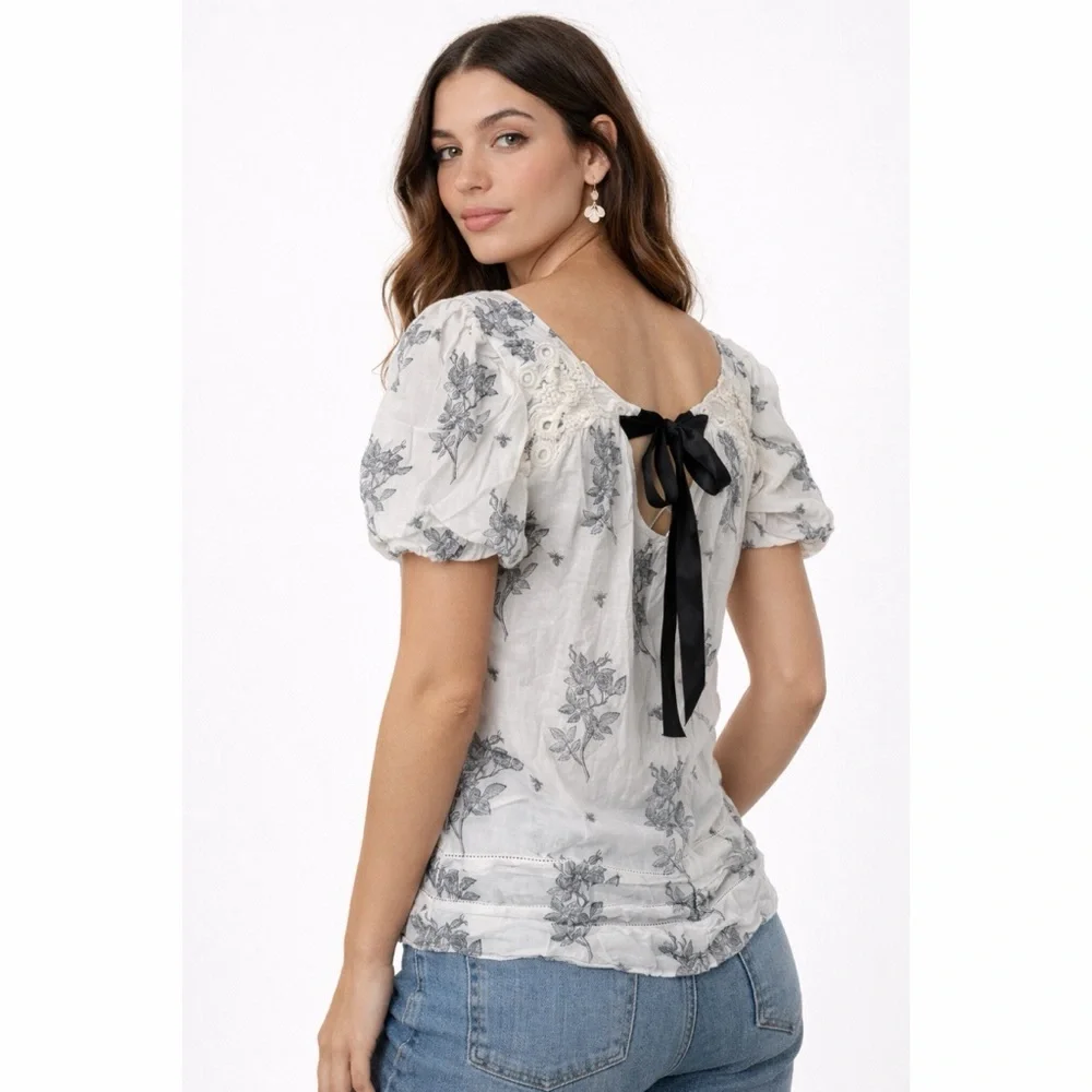 Anthropologie x Leifsdottir Tie Back Puff Sleeve Sheer Floral Bee Print Blouse
